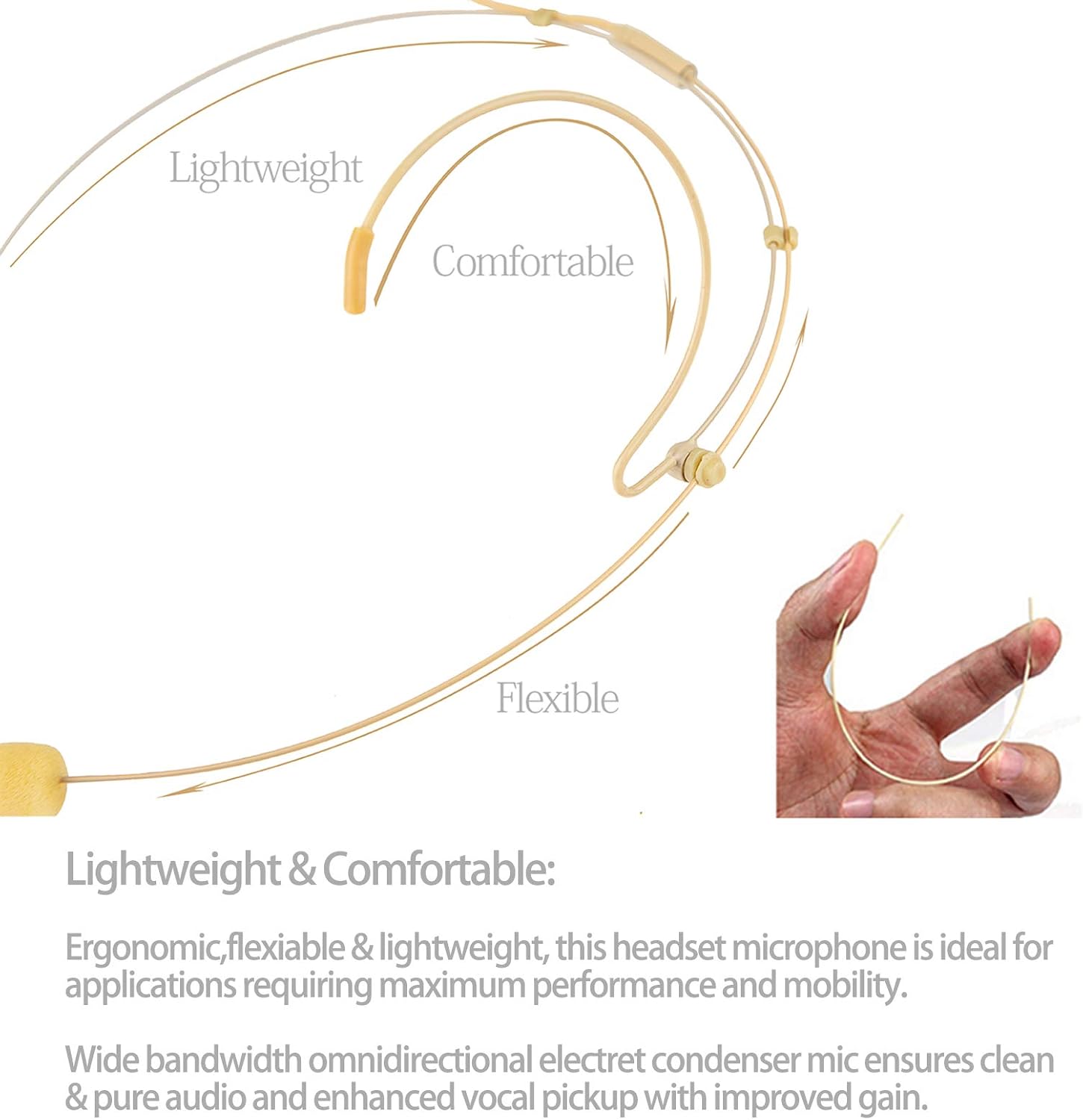 Microphone Headset Headworn Earset Over Ear Hanging Mic Compatible with Audio Technica Wireless System & Bodypack Transmitter, Ideal for Lectures, Live Performance, Theater, Podcasts-Beige