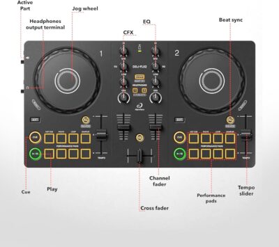 Pioneer DJ AlphaTheta DDJ-FLX2 Compact 2-Channel DJ Controller Bundle with Carrying Case, Instrument Cable, and Austin Bazaar Polishing Cloth
