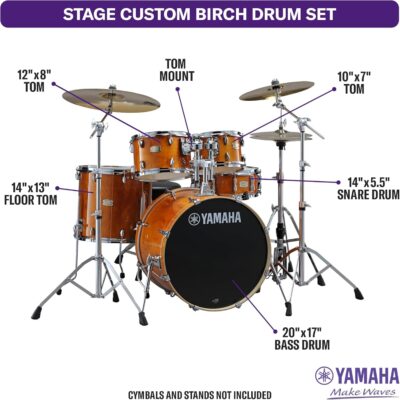71Kiutr6d1L. AC SL1500 Yamaha Stage Custom Birch 5pc Drum Shell Pack With a 20 Kick Drum and 14 Snare Drum in Honey Amber For Students and Working Drummers (SBP0F50HA)