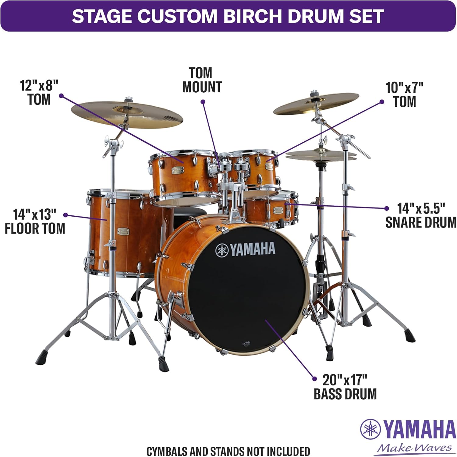 Yamaha Stage Custom Birch 5pc Drum Shell Pack With a 20 Kick Drum and 14 Snare Drum in Honey Amber For Students and Working Drummers (SBP0F50HA)