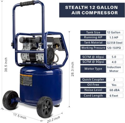 71KsMpm6ycL. AC SL1500 Stealth 12 Gallon Ultra Quiet Air Compressor, 1.5 HP Oil-Free Peak 150 PSI 68 Decibel,5 CFM @ 40 PSI 4 CFM @ 90 PSI Silent Portable Long Life Electric Air Compressor W/Wheel for Garage