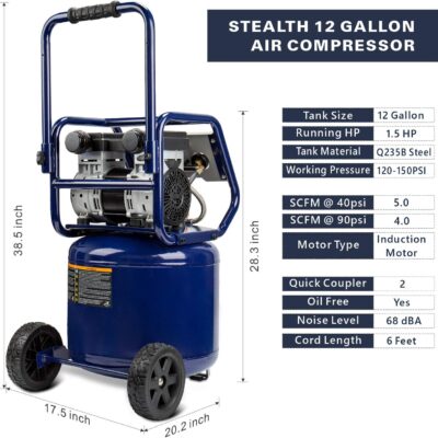 71KsMpm6ycL. AC SL1500 Stealth 12 Gallon Ultra Quiet Air Compressor, 1.5 HP Oil-Free Peak 150 PSI 68 Decibel,5 CFM @ 40 PSI 4 CFM @ 90 PSI Silent Portable Long Life Electric Air Compressor W/Wheel for Garage