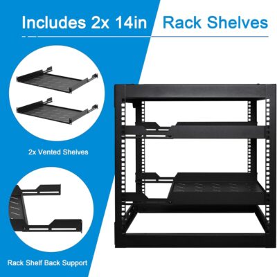 RackPath 12U Open Frame Network Rack with 2X 14in Vented 1U Shelves Rear Support, Wall Mount/Floor Standing Network Cabinet, Heavy Duty 150 lbs Capacity for IT & AV Gear, Audio and Video Device