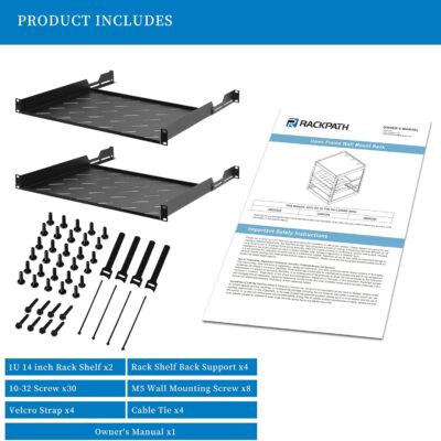 RackPath 12U Open Frame Network Rack with 2X 14in Vented 1U Shelves Rear Support, Wall Mount/Floor Standing Network Cabinet, Heavy Duty 150 lbs Capacity for IT & AV Gear, Audio and Video Device