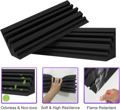 TroyStudio Bass Traps – 12 Pcs 4 X 4 X 12 Inches Dense Thick Studio Bass Foam Corner, Acoustic Treatment Panel Absorbing Echo Reverb, Low Frequency Sound Absorber for Music Room Home Recording Studio