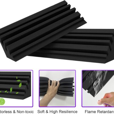 TroyStudio Bass Traps – 12 Pcs 4 X 4 X 12 Inches Dense Thick Studio Bass Foam Corner, Acoustic Treatment Panel Absorbing Echo Reverb, Low Frequency Sound Absorber for Music Room Home Recording Studio