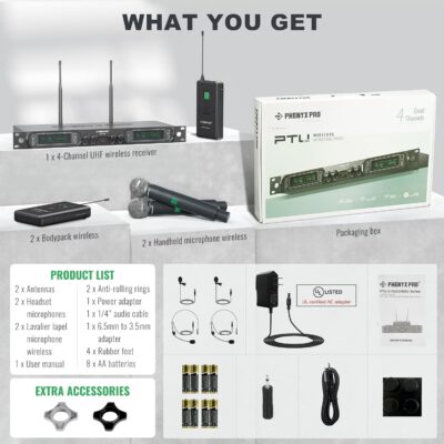 71MXd1snrL. AC SL1500 Phenyx Pro Wireless Microphone System, 4-Channel UHF Wireless Mic Set with Handheld/Bodypack/Headset/Lapel Mics, Fixed Frequency Metal Cordless Microphone for Church,Singing,DJ(PTU-5000-2H2B)