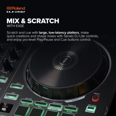Roland DJ-202 Compact DJ Controller | 2-Channel, 4-Deck Controller for Serato DJ Lite | Large, Low-Latency Platters | Iconic Roland Drum Kit Sounds