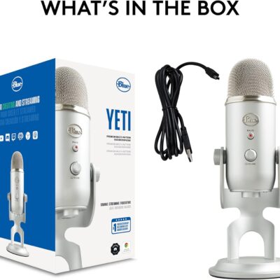 Logitech Creators Blue Yeti USB Microphone for PC, Mac, Gaming, Recording, Streaming, Podcasting, Studio and Computer Condenser Mic with Blue VO!CE Effects, 4 Pickup Patterns, Plug and Play – Silver