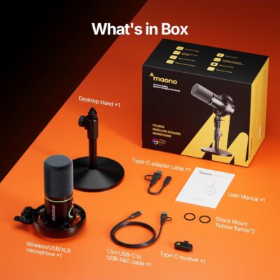 MAONO PD200W Hybrid Wireless Podcast Microphone for PC, Dynamic XLR USB Mic with Desktop Stand, Software, Noise Cancellation, for Vocal Recording, Streaming, Content Creation, Home Studio, Voiceover