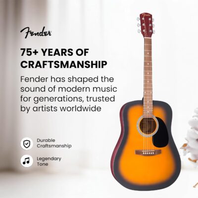Fender FA Series Dreadnought Acoustic Guitar – 2-Color Sunburst Bundle with Gig Bag, Tuner, Strings, Picks, and Austin Bazaar Instructional DVD
