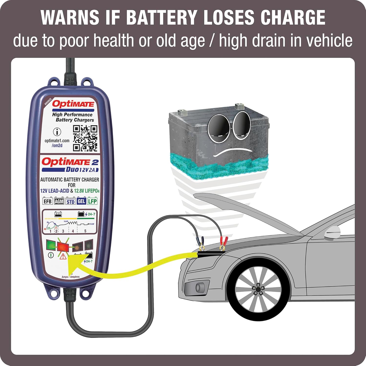 Tecmate Optimate 2 Duo, TM-551, Bronze Series: 5-Step 12V / 12.8V 2A Sealed Battery Charger & maintainer, Blue