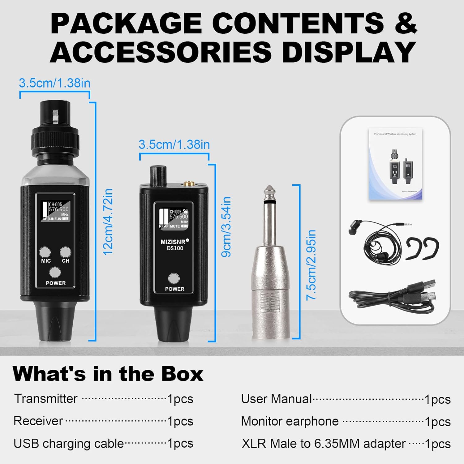 Wireless In Ear Monitor System, Professional UHF Metal Wireless IEM System, 16 Adjustable Channel, Portable Rechargeable Transmitter and bodypack Receiver for Studio, Band Rehearsal, Live Performance