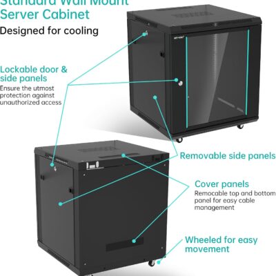 MT-VIKI 12U Server Cabinet Network Rack Vented Enclosure w/Moving Wheel, 0.8mm Thick Steel, 23.6 Deep (600mm), for 19 IT Equipment, Included 1pcs 12 Depth Rack Shelf