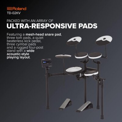 Roland TD-02KV V-Drums | Electronic Drum Kit with Expressive Playability, Noise-Reducing Features, Mesh-Head Snare, Wide Acoustic-Style Playing Layout & Optional Bluetooth Expansion | Onboard Coach