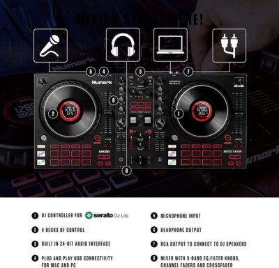 DJ Controller Bundle – DJ Set with 4 Decks, DJ Mixer, Audio Interface, Jog Wheel Displays, FX and DJ Headphones – Numark Mixtrack Platinum FX and HF175