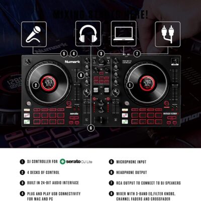 DJ Controller Bundle – DJ Set with 4 Decks, DJ Mixer, Audio Interface, Jog Wheel Displays, FX and DJ Headphones – Numark Mixtrack Platinum FX and HF175