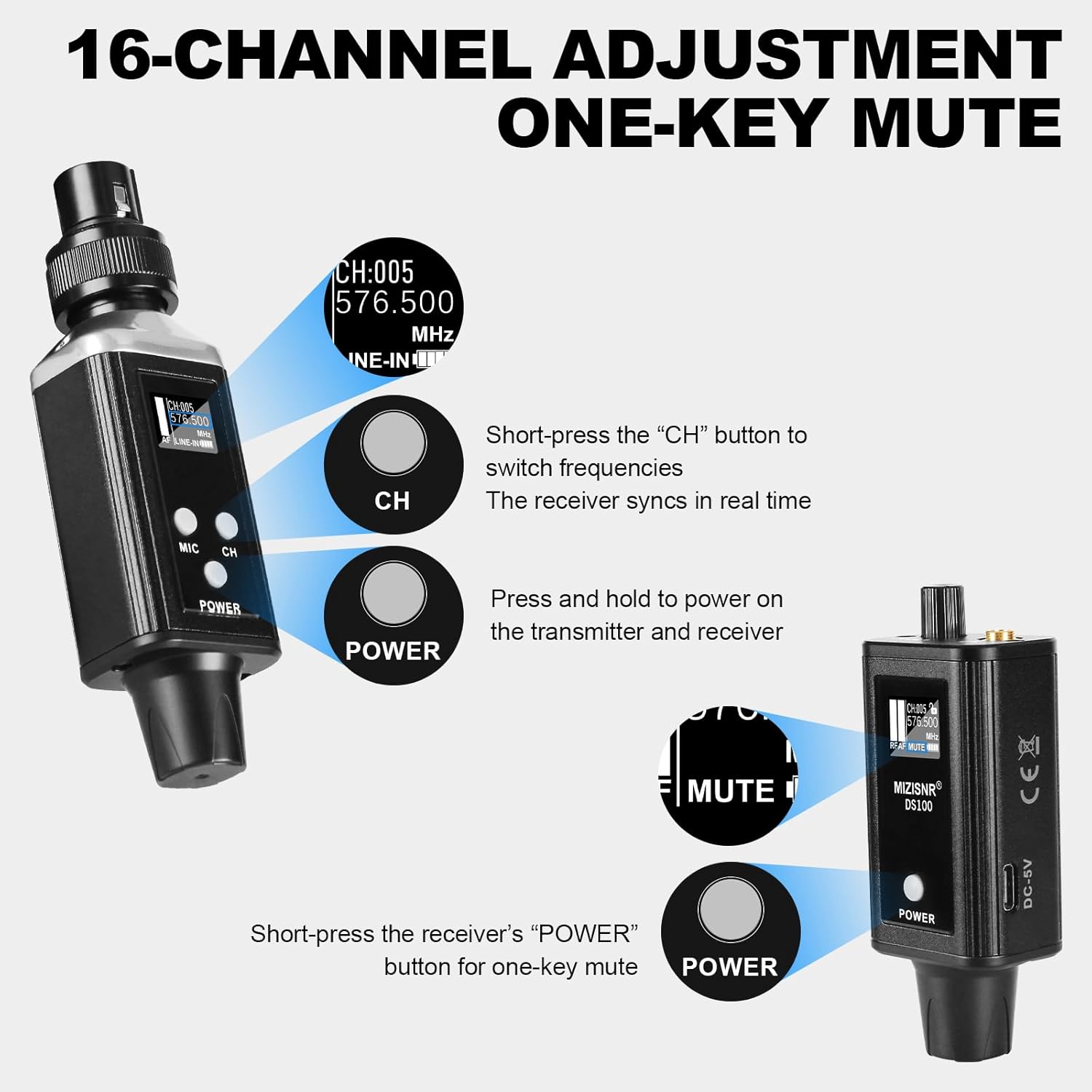 Wireless In Ear Monitor System, Professional UHF Metal Wireless IEM System, 16 Adjustable Channel, Portable Rechargeable Transmitter and bodypack Receiver for Studio, Band Rehearsal, Live Performance
