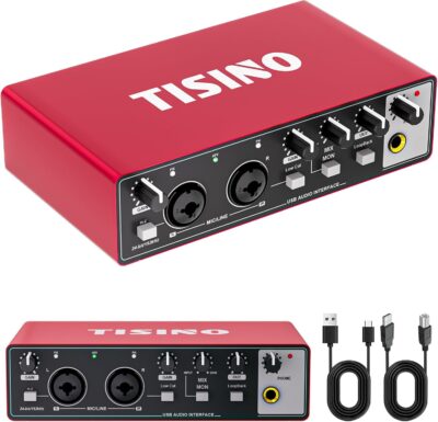 TISINO Audio Interface 24Bit/192kHz, USB Audio Interface for Recording, Songwriting, Streaming and Podcasting, Plug & Play Studio Interface with 48V Phantom Power, PC/Mac/iOS Compatible,RED