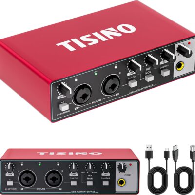 TISINO Audio Interface 24Bit/192kHz, USB Audio Interface for Recording, Songwriting, Streaming and Podcasting, Plug & Play Studio Interface with 48V Phantom Power, PC/Mac/iOS Compatible,RED
