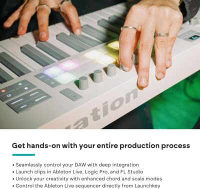 Novation Launchkey 49 White MK4 – 49 Semi-Weighted Key, USB, MIDI Keyboard Controller with DAW Integration. Chord & Scale Modes, 16 Drum Pads, Arpeggiator, & Includes Music Creation Software Bundle