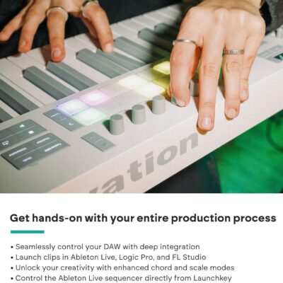 Novation Launchkey 49 White MK4 – 49 Semi-Weighted Key, USB, MIDI Keyboard Controller with DAW Integration. Chord & Scale Modes, 16 Drum Pads, Arpeggiator, & Includes Music Creation Software Bundle