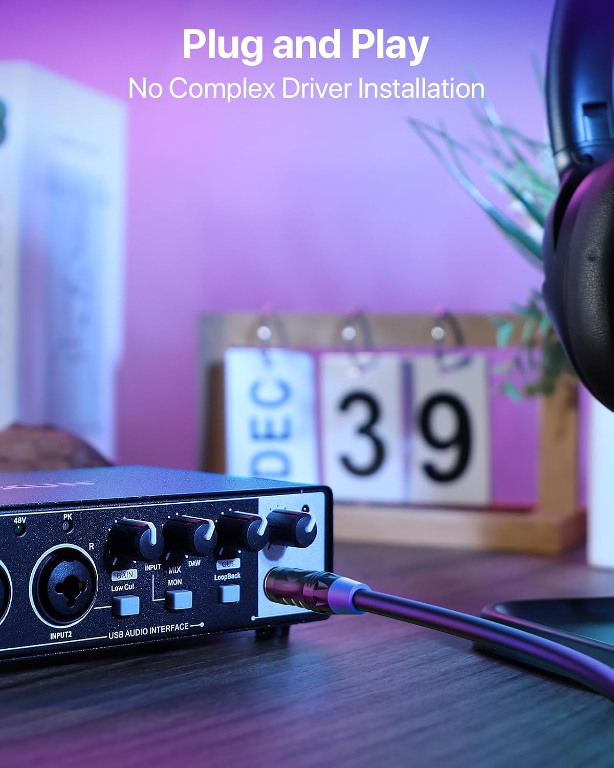 2×2 USB-C Audio Interface for PC/Mac Recording, 24-bit/192kHz, Dual TS/XLR Inputs, +48V Phantom Power, Studio/Podcast/Streaming (Matte Black)