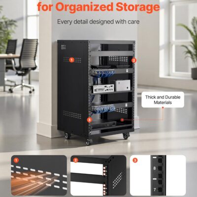 VEVOR 16U AV Rack, Recording Studio Rack Cabinet, Open Frame Server Rack with Locking Caster Wheels, Removable Side Panels & Vent Design for 19 Network, Audio, Video, IT & Network Equipment Mounting
