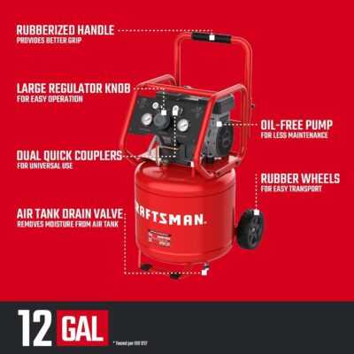 CRAFTSMAN Air Compressor 12 Gallon Ultra Quiet Oil-Free 1.5 HP Max 150 PSI Vertical Tank