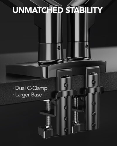 HUANUO FlowLift™ Dual Monitor Stand, Fully Adjustable Gaming Monitor Desk Mount for 13–32″ Computer Screens, Full Motion VESA 75×75/100×100 with C-Clamp & Grommet Base, Each Arm Holds 4.4 to 19.8 lbs