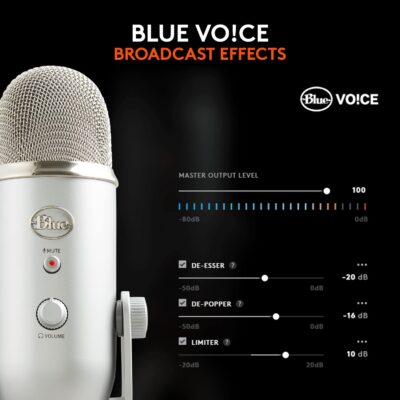 Logitech Creators Blue Yeti USB Microphone for PC, Mac, Gaming, Recording, Streaming, Podcasting, Studio and Computer Condenser Mic with Blue VO!CE Effects, 4 Pickup Patterns, Plug and Play – Silver