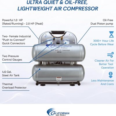 California Air Tools CAT-4610S Ultra Quiet & Oil-Free 1.0 hp 4.6 gallon Steel Twin Tank Electric Portable Air Compressor, Silver