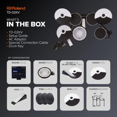 Roland TD-02KV V-Drums | Electronic Drum Kit with Expressive Playability, Noise-Reducing Features, Mesh-Head Snare, Wide Acoustic-Style Playing Layout & Optional Bluetooth Expansion | Onboard Coach