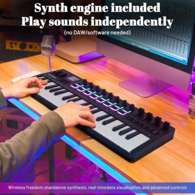 M-VAVE 37 Key USB MIDI Keyboard Controller With 16 Backlit Drum Pads, Bluetooth Semi Weighted Professional dynamic keybed 8 Knobs and Music Production,Software Included (37 Key Black)