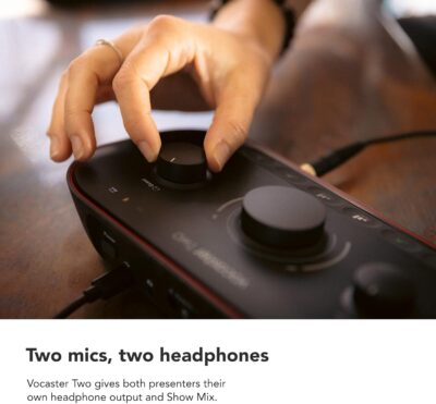 Focusrite Vocaster Two Studio — Podcasting Interface for Recording Host & Guest, with Professional Quality Vocaster DM14v Dynamic Microphone & HP60v Headphones. 2 Mic Inputs & Headphone Outputs