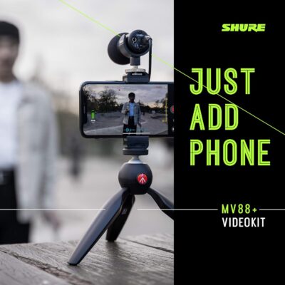 Shure MV88+ Video Kit – Digital Stereo Condenser Microphone for Apple and Android, with Manfrotto PIXI Tripod, Phone Clamp, Mount, iOS and USB-C Cables for Next-Level Compatibility and Connectivity