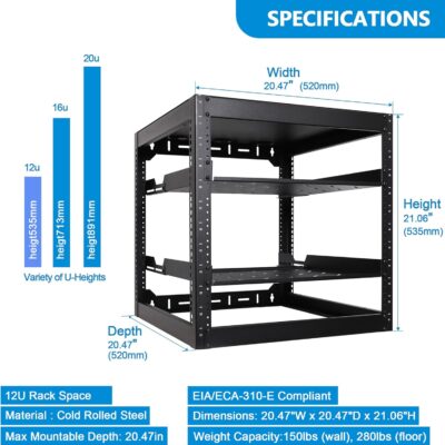 RackPath 12U Open Frame Network Rack with 2X 14in Vented 1U Shelves Rear Support, Wall Mount/Floor Standing Network Cabinet, Heavy Duty 150 lbs Capacity for IT & AV Gear, Audio and Video Device
