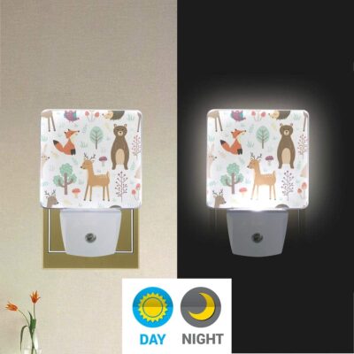Plug-In Night Light Forest Cute Animals Printed LED Nightlight, Dusk-To-Dawn Sensor, Bedroom, Bathroom, Kitchen, Hallway, Stairs, Energy Efficient, 2-pack, 0.5W