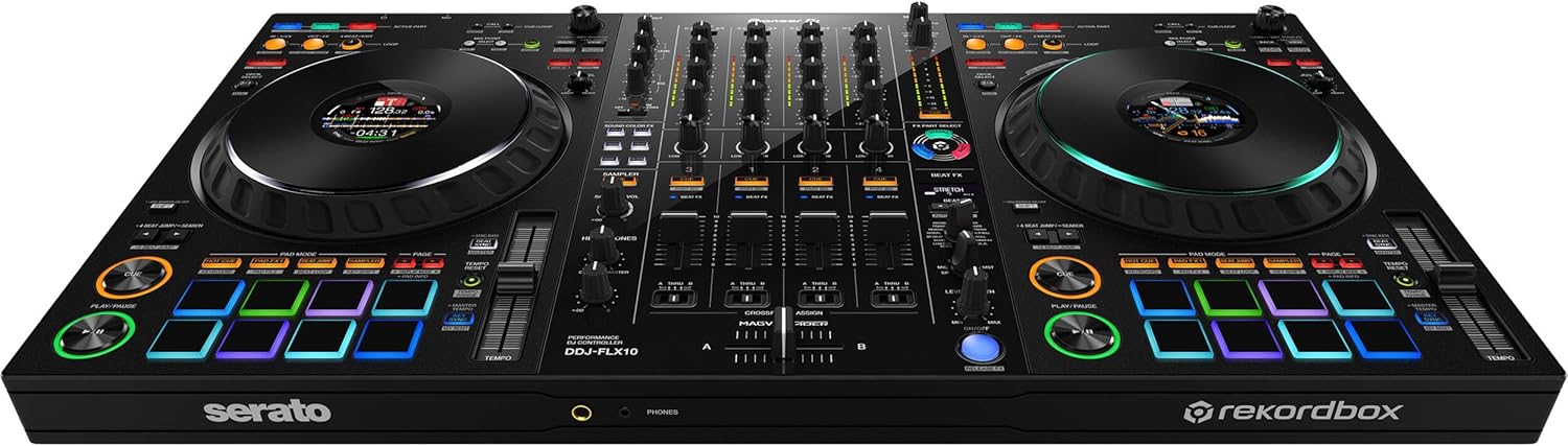 Pioneer DDJ-FLX10 4-deck DJ Controller with StreamEye Cans50 Professional DJ Headphones and LPT5000 Laptop Stand