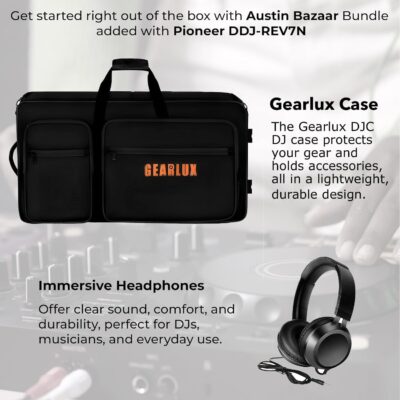 Pioneer DDJ-REV7-N Scratch-Style 2-Channel Professional DJ Controller – Gold Bundle with Case, Headphones, XLR Cable, and Austin Bazaar Polishing Cloth