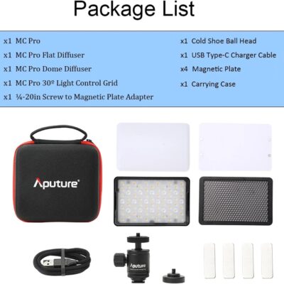 71TXr7NehaL. AC SL1500 Aputure MC Pro RGBWW On Camera Video Light,5W High Brightness 1585 Lux at 0.5m,2000-10000K Adjustable Magnetic Attraction and IP65 Weatherproo for Photography,Videographer