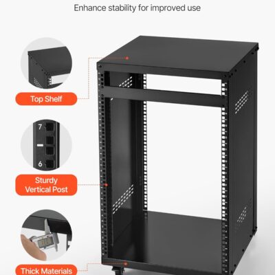 VEVOR 16U AV Rack, Recording Studio Rack Cabinet, Open Frame Server Rack with Locking Caster Wheels, Removable Side Panels & Vent Design for 19 Network, Audio, Video, IT & Network Equipment Mounting
