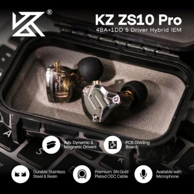 Linsoul KZ ZS10 Pro, 4BA+1DD 5 Driver in Ear Monitor, HiFi Wired Earbuds, Gaming Earbuds, Hybrid IEM Earphones with Stainless Steel Faceplate, Detachable Cable for Musician(Without Mic, Black)