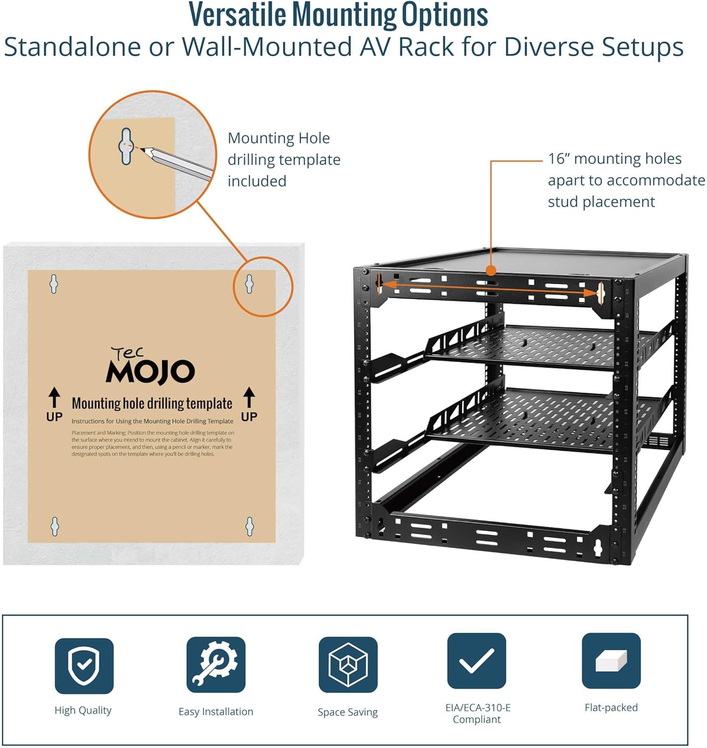 Tecmojo 12U Open Frame Network Rack for IT & AV Gear, AV Rack Floor Standing or Wall Mounted,with 2 PCS 1U Rack Shelves & Mounting Hardware,Network Rack for 19 Networking,Audio and Video Device