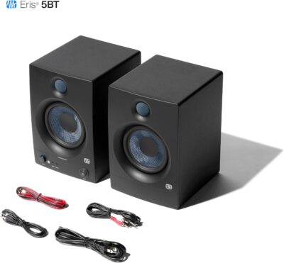 PreSonus Eris 5BT Bluetooth Studio Monitors, Pair — 5.25 Inch Powered Bookshelf Speakers, Stereo, Desktop Computer, Near Field Music Production, Audio Mixing Recording