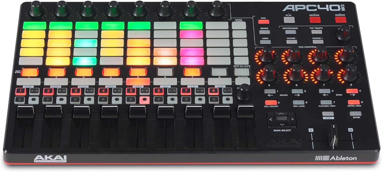 Akai Professional APC40 MKII – USB MIDI Controller for 1 to 1 Mapping with Ableton Live Lite with 5×8 Clip Launch Matrix, Knobs and Faders, Pro Software Suite Included