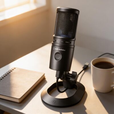 Audio-Technica AT2020USB-X Cardioid Condenser USB Microphone – Bundle with Pop Filter, Headphone, Boom Arm, XLR Cable, and Austin Bazaar Polishing Cloth