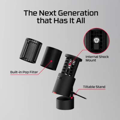 HyperX SoloCast 2 – Gaming USB Condenser Mic for PC, USB-C to USB-A, Built-in Pop Filter, Internal Shock Mount, Plug and Play, 24-bit / 96kHz, Compact Tiltable Stand – Black