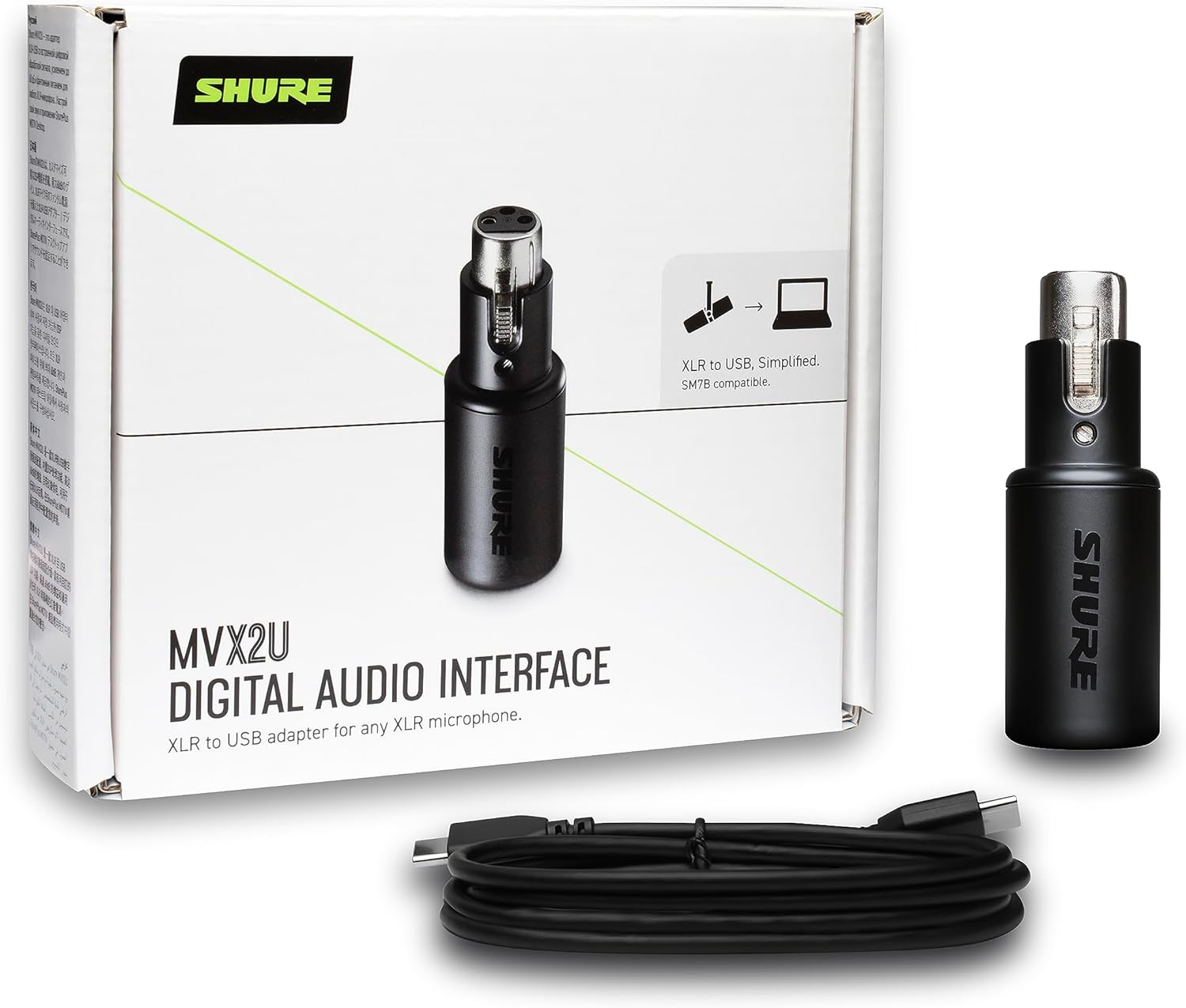 Shure MVX2U XLR-to-USB Interface with Headphone Jack, 60dB Gain, Zero-Latency Monitoring, 48V Phantom Power, ShurePlus App, USB-C Cable