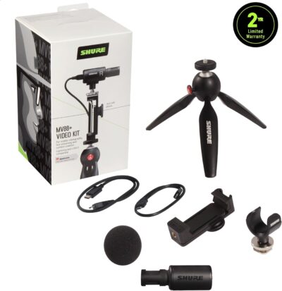 Shure MV88+ Video Kit – Digital Stereo Condenser Microphone for Apple and Android, with Manfrotto PIXI Tripod, Phone Clamp, Mount, iOS and USB-C Cables for Next-Level Compatibility and Connectivity